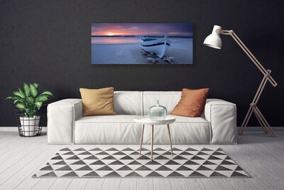 Canvas Wall art Boat beach sea sun landscape white black yellow grey