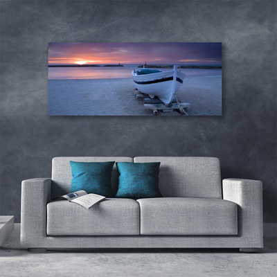 Canvas Wall art Boat beach sea sun landscape white black yellow grey