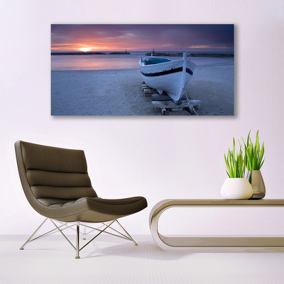 Canvas Wall art Boat beach sea sun landscape white black yellow grey