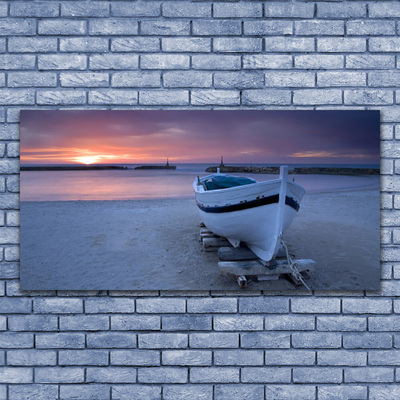 Canvas Wall art Boat beach sea sun landscape white black yellow grey