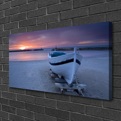 Canvas Wall art Boat beach sea sun landscape white black yellow grey