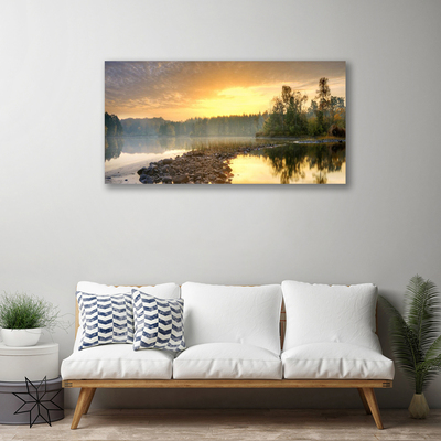 Canvas Wall art Lake stones forest landscape grey green white yellow