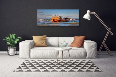 Canvas Wall art Boat sea landscape yellow green blue