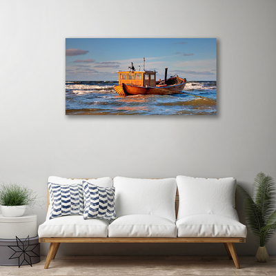 Canvas Wall art Boat sea landscape yellow green blue