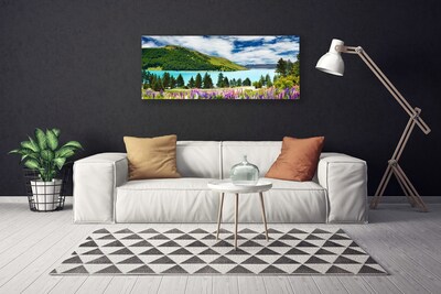 Canvas Wall art Mountain forest lake meadow landscape green blue purple pink