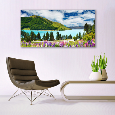 Canvas Wall art Mountain forest lake meadow landscape green blue purple pink