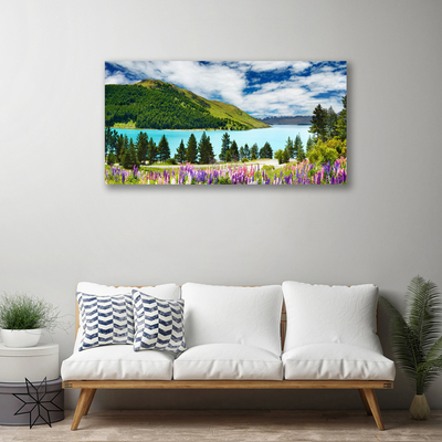 Canvas Wall art Mountain forest lake meadow landscape green blue purple pink