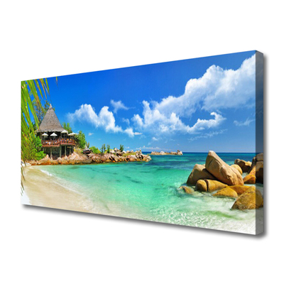 Canvas Wall art Beach sea stones landscape white blue brown