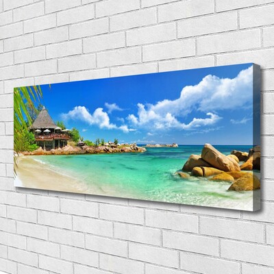 Canvas Wall art Beach sea stones landscape white blue brown