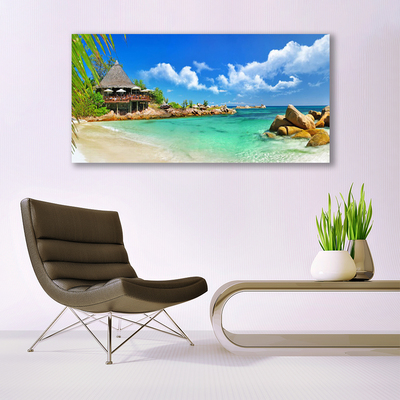 Canvas Wall art Beach sea stones landscape white blue brown