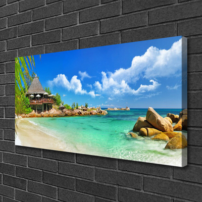 Canvas Wall art Beach sea stones landscape white blue brown