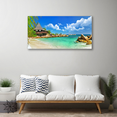 Canvas Wall art Beach sea stones landscape white blue brown