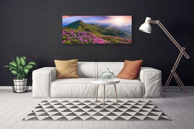 Canvas Wall art Mountains meadow flowers landscape blue green pink