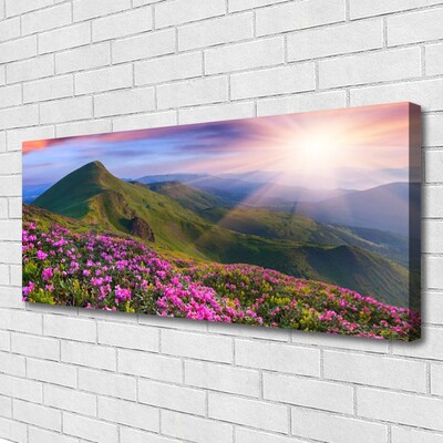 Canvas Wall art Mountains meadow flowers landscape blue green pink