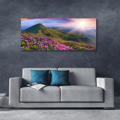 Canvas Wall art Mountains meadow flowers landscape blue green pink