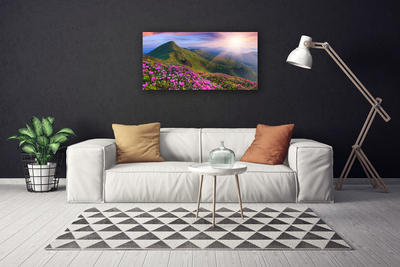 Canvas Wall art Mountains meadow flowers landscape blue green pink