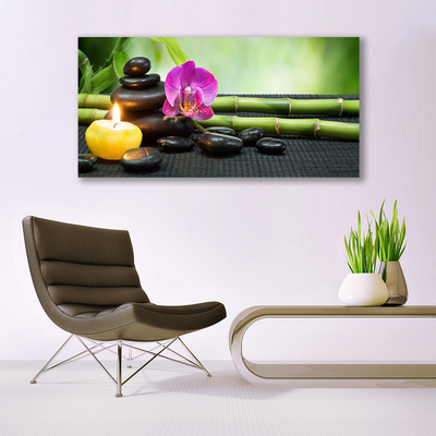 Canvas Wall art Bamboo flower stones candle art green pink black yellow