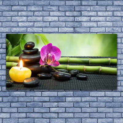 Canvas Wall art Bamboo flower stones candle art green pink black yellow