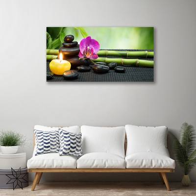 Canvas Wall art Bamboo flower stones candle art green pink black yellow