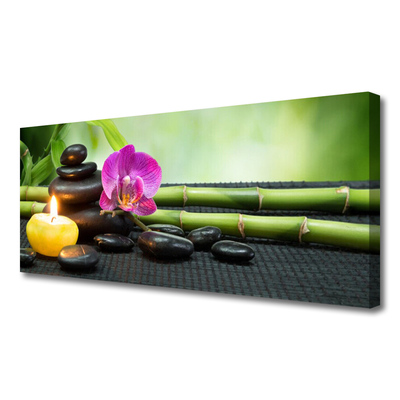 Canvas Wall art Bamboo flower stones candle art green pink black yellow