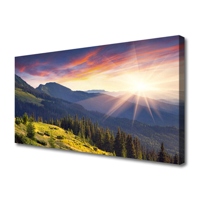 Canvas Wall art Mountain forest sun landscape blue green yellow