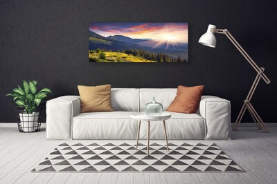 Canvas Wall art Mountain forest sun landscape blue green yellow