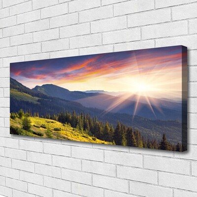 Canvas Wall art Mountain forest sun landscape blue green yellow