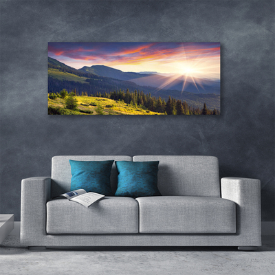 Canvas Wall art Mountain forest sun landscape blue green yellow