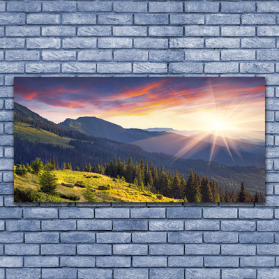 Canvas Wall art Mountain forest sun landscape blue green yellow