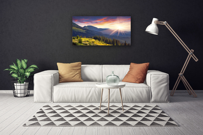 Canvas Wall art Mountain forest sun landscape blue green yellow