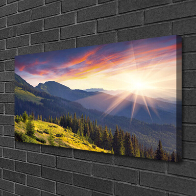 Canvas Wall art Mountain forest sun landscape blue green yellow