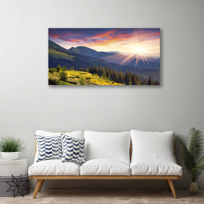 Canvas Wall art Mountain forest sun landscape blue green yellow