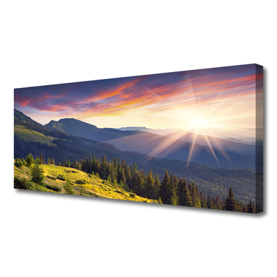 Canvas Wall art Mountain forest sun landscape blue green yellow