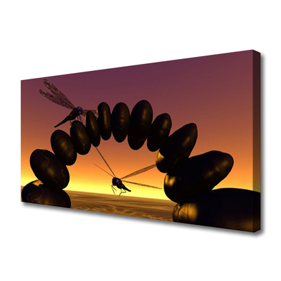 Canvas Wall art Dragonflies stones art black yellow