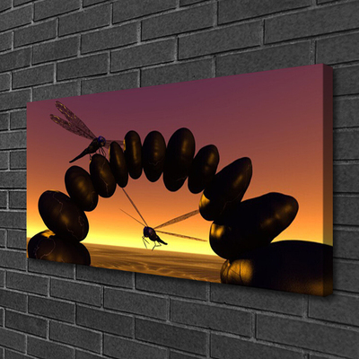 Canvas Wall art Dragonflies stones art black yellow