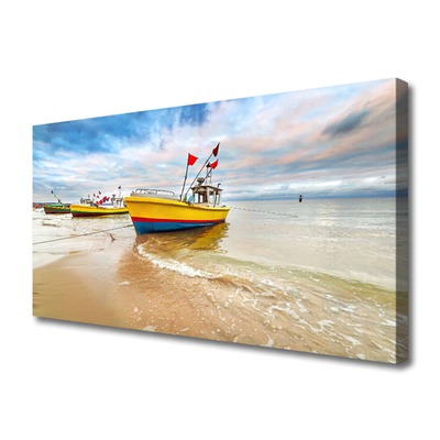 Canvas Wall art Boats beach sea landscape brown green red blue