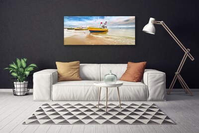 Canvas Wall art Boats beach sea landscape brown green red blue