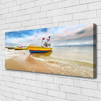 Canvas Wall art Boats beach sea landscape brown green red blue