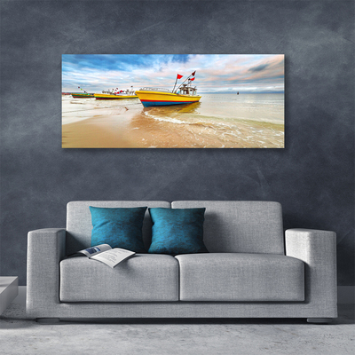 Canvas Wall art Boats beach sea landscape brown green red blue