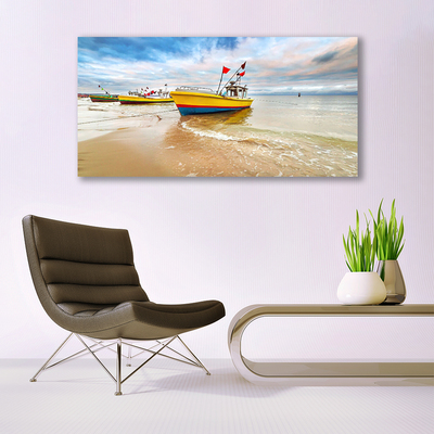 Canvas Wall art Boats beach sea landscape brown green red blue