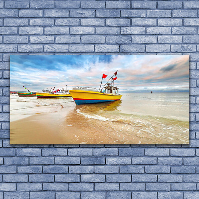 Canvas Wall art Boats beach sea landscape brown green red blue