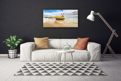 Canvas Wall art Boats beach sea landscape brown green red blue