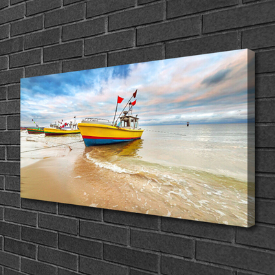 Canvas Wall art Boats beach sea landscape brown green red blue