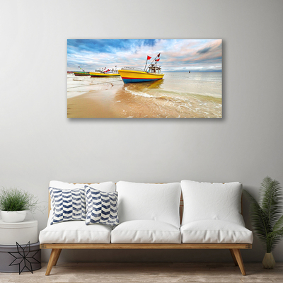 Canvas Wall art Boats beach sea landscape brown green red blue