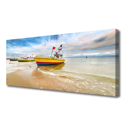 Canvas Wall art Boats beach sea landscape brown green red blue