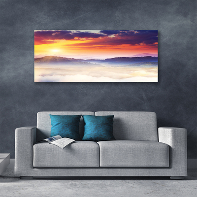 Canvas Wall art Mountain sun landscape yellow purple white