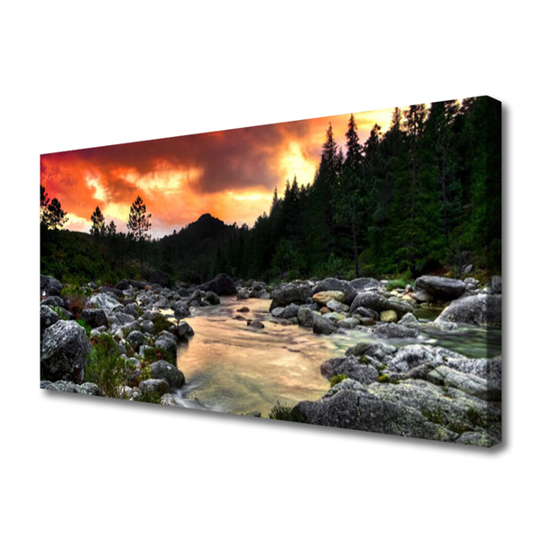 Canvas Wall art Lake stones forest nature green grey yellow