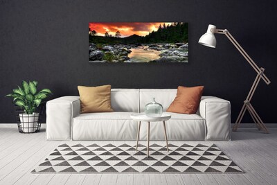 Canvas Wall art Lake stones forest nature green grey yellow