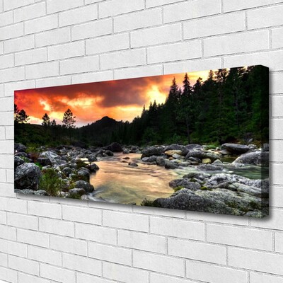 Canvas Wall art Lake stones forest nature green grey yellow