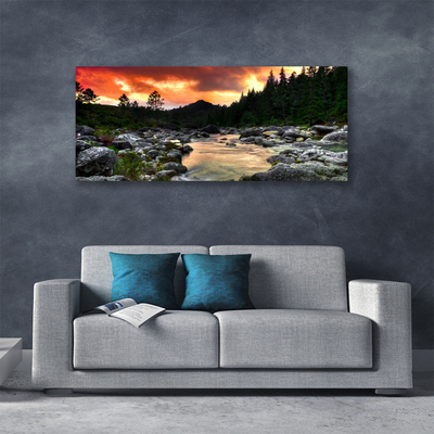 Canvas Wall art Lake stones forest nature green grey yellow